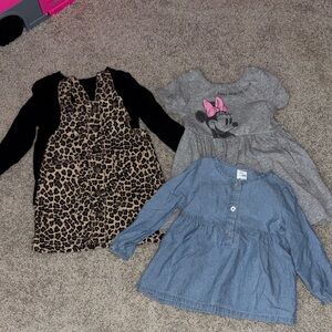 Girls' Leopard Pinafore Dress + Gray Minnie Bow Dress + Chambray Top - 3pc Set